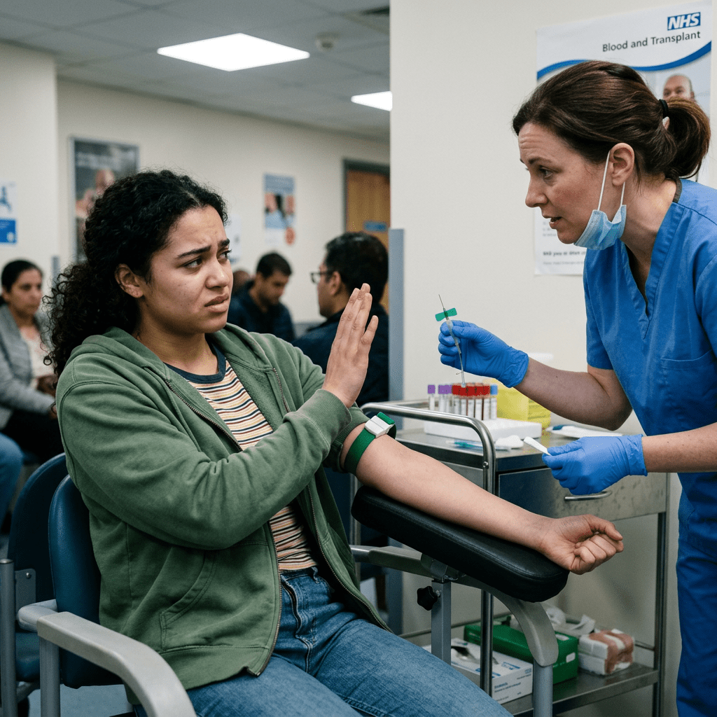 Woman raising hand to refuse blood draw from nurse in clinic